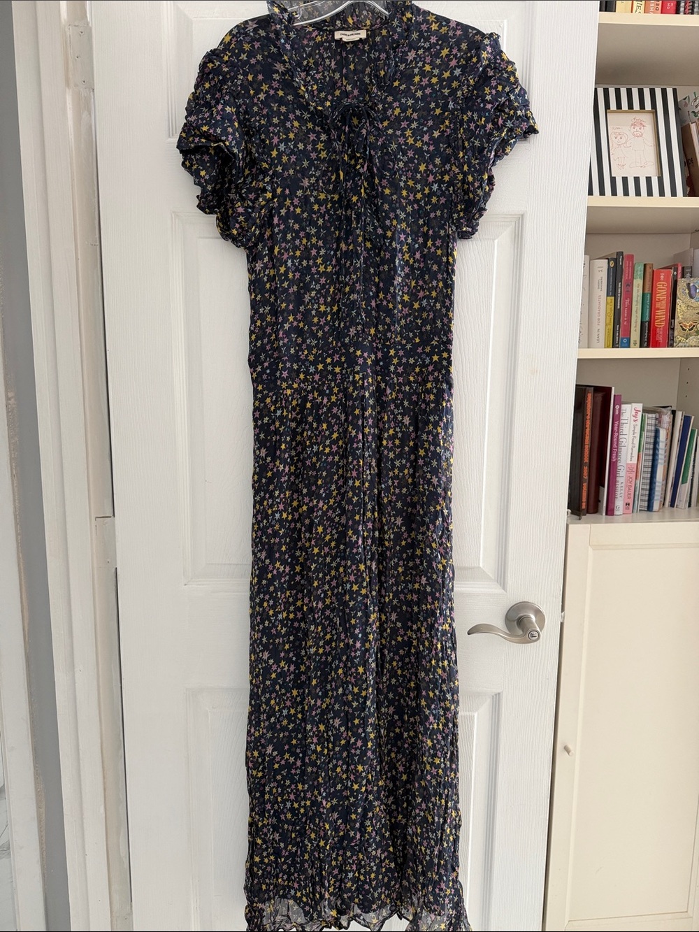 Zadig & Voltaire Rainy Crinkle Etoiles blue multi-color star print ruffled sleev